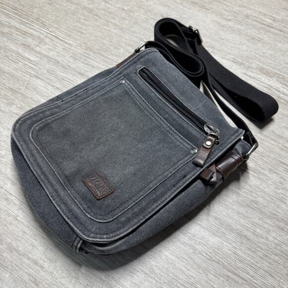 ACACIA Revolve Canvas Crossbody Bag Satchel Leather Accents Gray Zip Snap Close - Picture 1 of 7